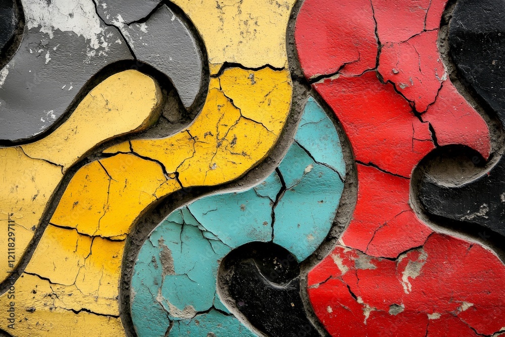 Poster colorful abstract wall art displaying cracked paint patterns in an urban setting during daylight hou