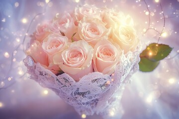 Fototapeta premium A delicate bouquet of roses wrapped in lace, glowing softly under twinkling lights, set against a dreamy, blurred background.
