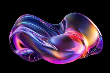 Abstract, colorful, curved shapes on a black background, with a liquid glass texture, gradient effect, and iridescent colors, in a futuristic style.