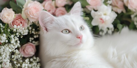 A white cat is laying on a bed of flowers. The cat is looking at the camera with a curious expression. The flowers are pink and white, and they are arranged in a way that creates a sense of harmony