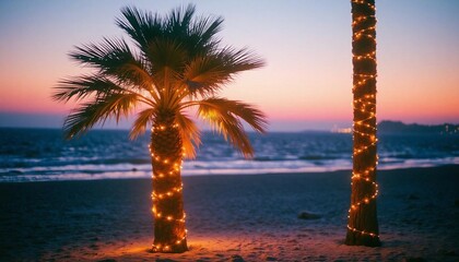 Palm tree wrapped with string lights on a beach during evening with a view of water and distant illuminated shoreline