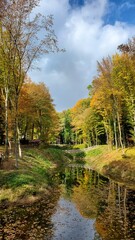 Peaceful autumn scene with a serene river and vibrant fall foliage