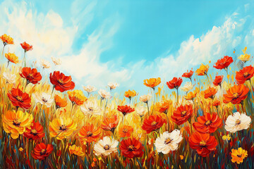 Obraz premium Vibrant cosmos flowers blooming under a bright blue sky with fluffy clouds, capturing a cheerful and serene summer scene perfect for seasonal designs, nature themes, and floral decor