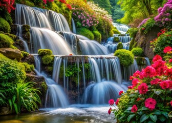 Fototapeta premium Macro photography captures vibrant spring blossoms, lush greenery, and cascading water's beauty.