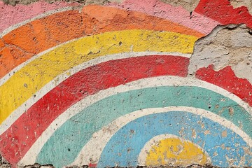 Brightly colored rainbow mural on weathered wall showcases vibrant urban art