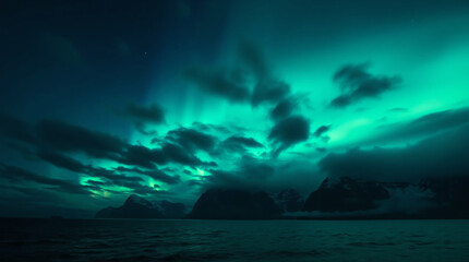 Obraz premium Eerie Aurora Borealis Over Lofoten Islands - Stormy Night Sky and Dark Tones Create High-Tension, Unsettling Atmosphere