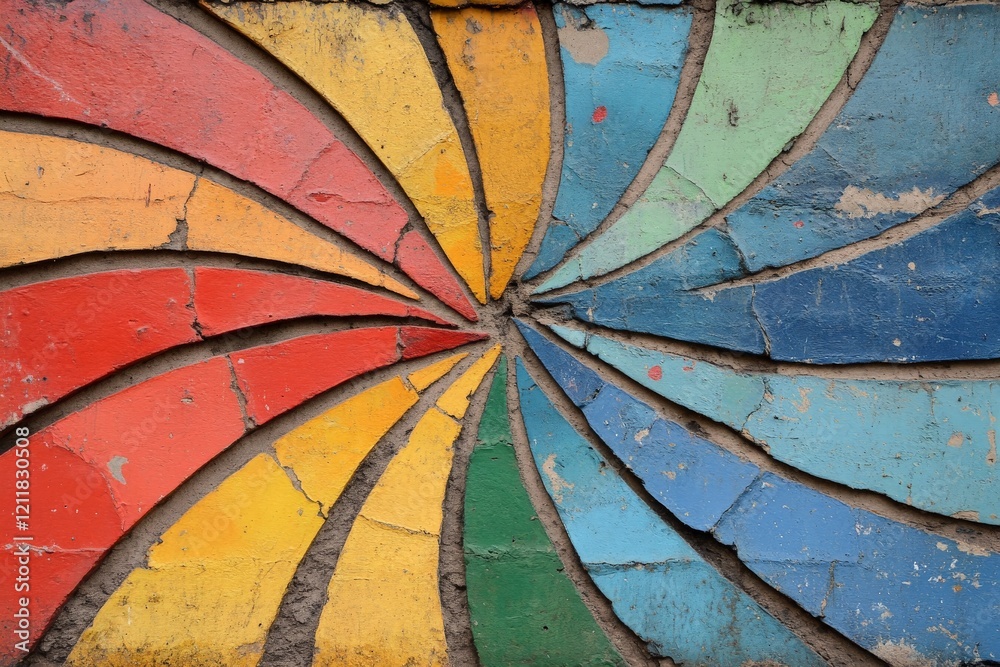 Poster colorful mural displaying a vibrant spiral pattern on a textured wall in an urban setting