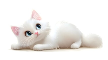 Cute Fluffy White Cat Resting on a White Background