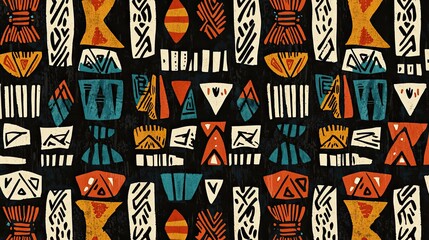 A playful African geometric pattern with bold shapes and colors, suitable for children's clothing and accessories
