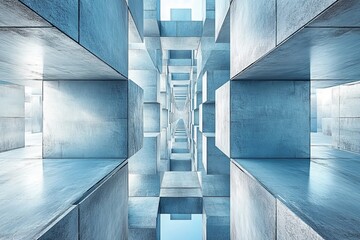 Fototapeta premium Geometric structure with reflective surfaces creates an illusion of depth and perspective in a modern setting