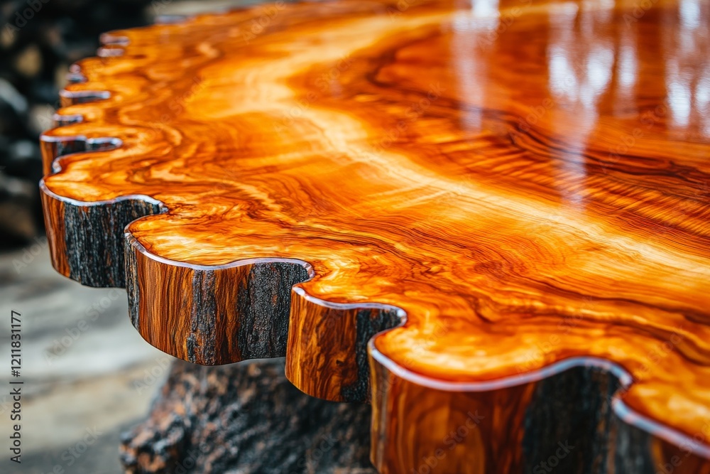Aufkleber Unique handcrafted wooden table showcasing intricate grain patterns and polished finish in a rustic workshop