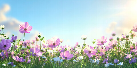 Vibrant cosmos flowers blooming under a bright blue sky with fluffy clouds, capturing a cheerful and serene summer scene perfect for seasonal designs, nature themes, and floral decor