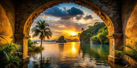 Dramatic backlit limestone arch silhouettes against a vibrant tropical sunset lagoon.