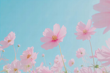 Vibrant cosmos flowers blooming under a bright blue sky with fluffy clouds, capturing a cheerful and serene summer scene perfect for seasonal designs, nature themes, and floral decor