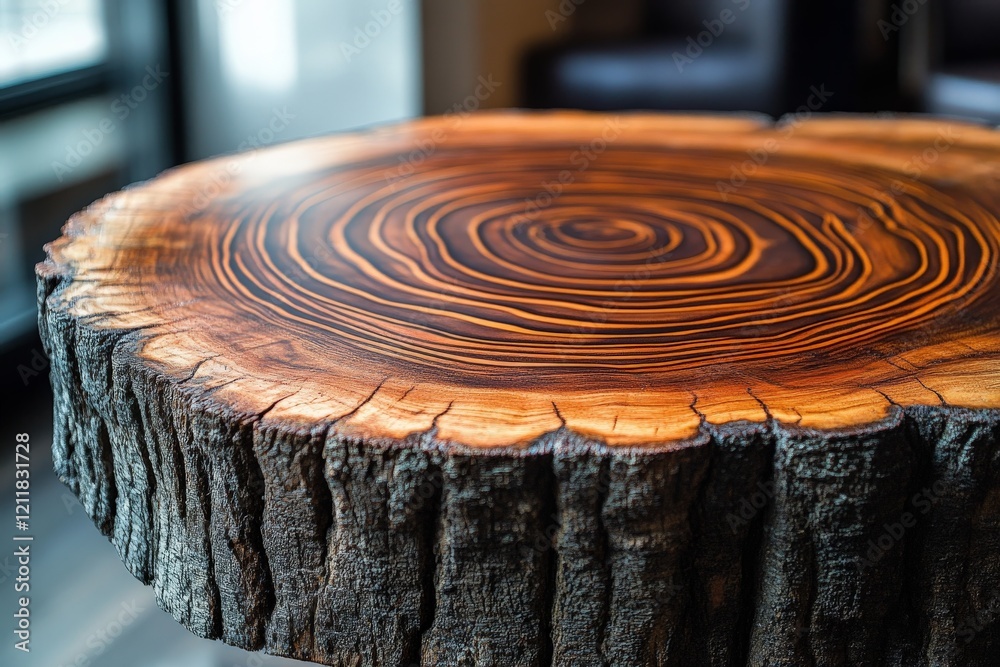 Poster beautifully crafted wooden table showcasing intricate natural patterns and textures in a modern inte