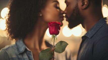 A romantic moment captured between a couple sharing a kiss, with a red rose held between them, surrounded by a soft, glowing backdrop.