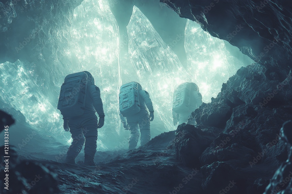 Poster Group of astronauts exploring a luminous cave with crystal formations on another planet in the distant future
