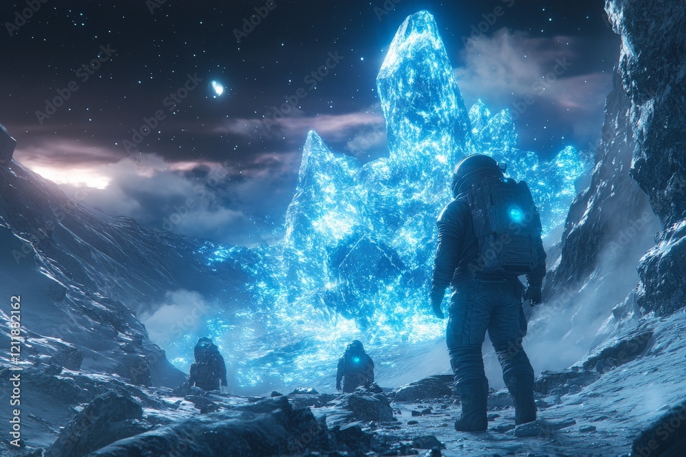Poster explorers encounter glowing ice formations on a distant moon during a night expedition in a surreal 