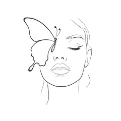 Woman Face with Butterfly Line Art Drawing. Elegant Female Portrait Vector Linear Illustration on White Background. Beautiful Woman Head for Trendy Minimalistic Background, Pattern, Invitation.