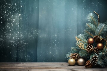 Christmas decoration with pine cones and golden baubles on wooden table over festive background