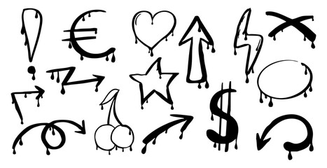 Graffiti Gangster tattoo elements, paint splash, spray. Heart face, skull set. Doodle gunge groovy print crown, cherry, scary kit,.