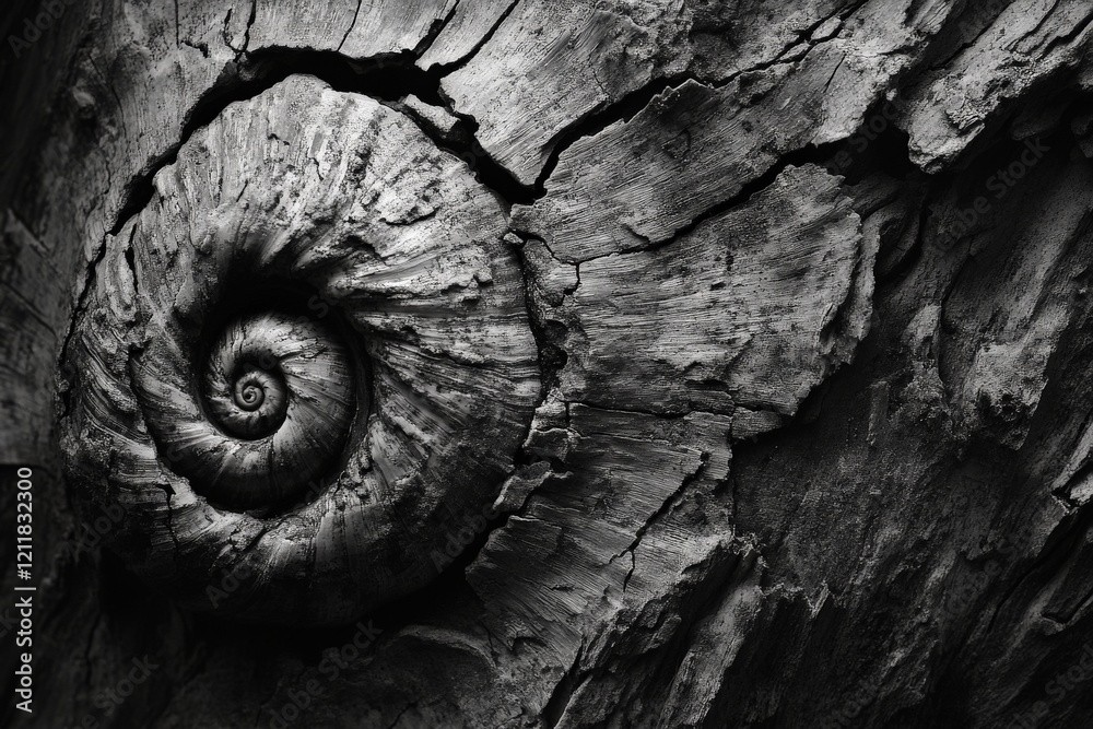Poster Detailed close-up of a fossilized nautilus shell embedded in ancient wood grain