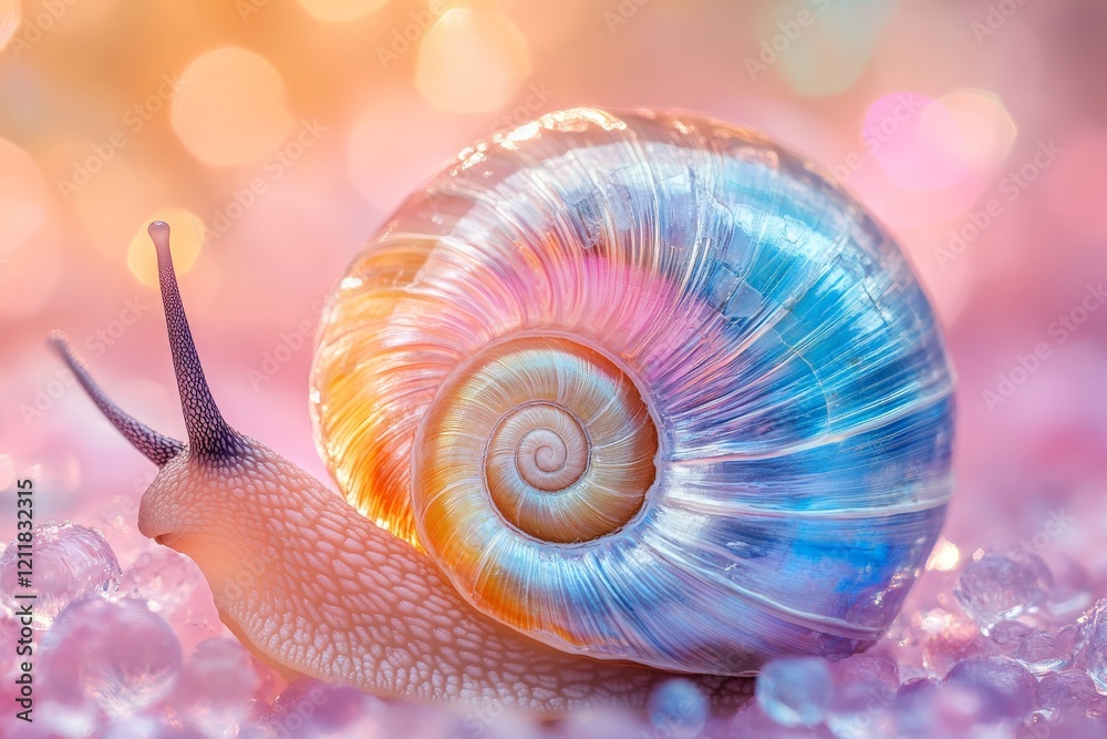Poster colorful snail crawling on shimmering surface reflects sunlight in a serene environment