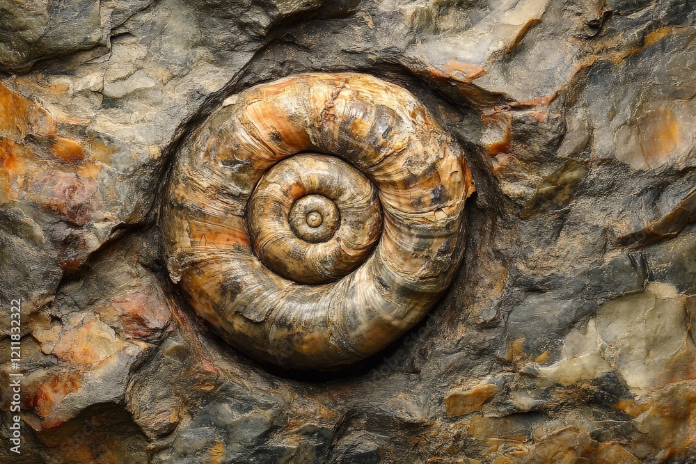 Poster ancient ammonite fossil embedded in rocky surface showcasing natural preservation and geological his