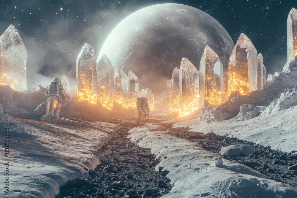 Aufkleber explorers navigate a surreal lunar landscape surrounded by glowing crystals under a massive moon