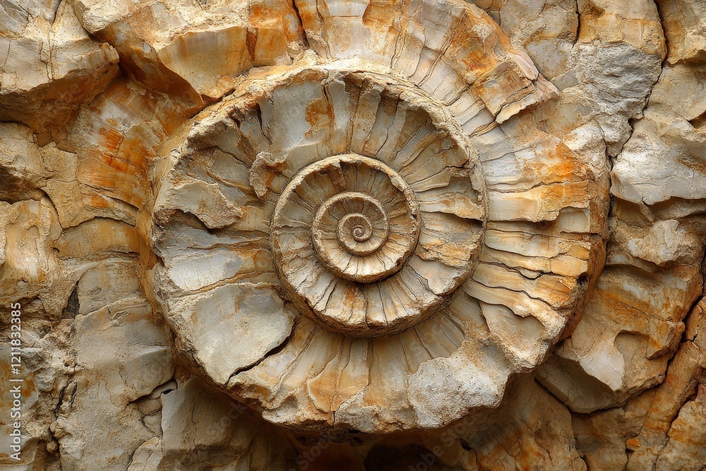 Poster Fossilized ammonite shell showcases intricate spiral patterns on rocky surface in natural exhibit