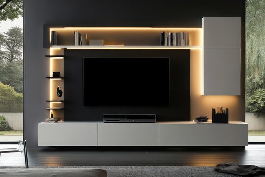 Modern minimalist entertainment unit with LED lighting, sleek design, and ample storage.