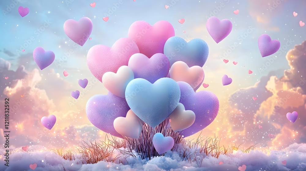 Poster enchanting heart shaped led lights in vibrant colorful gradient against a serene dreamy sky backdrop
