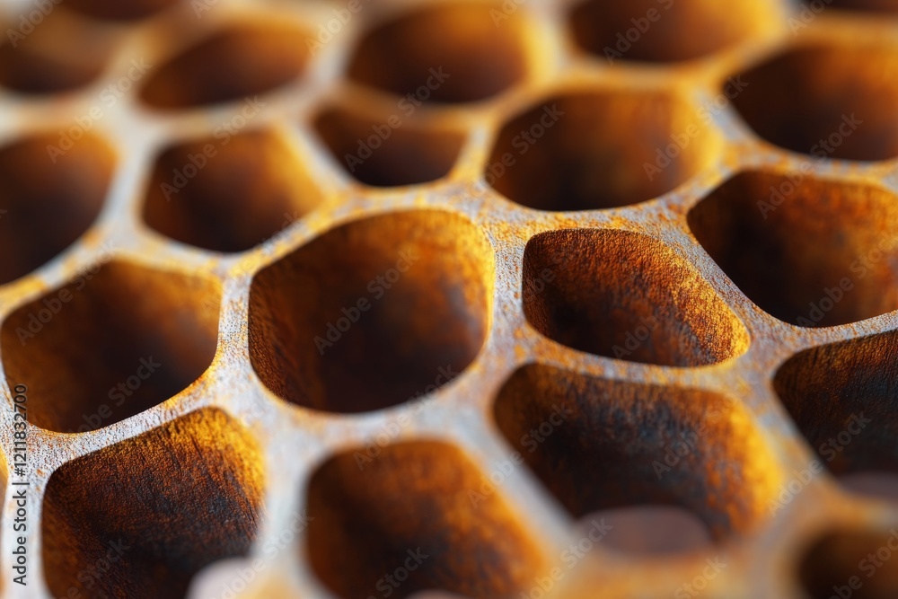 Poster close-up view of intricate honeycomb structure showcasing geometric shapes and textures under soft l