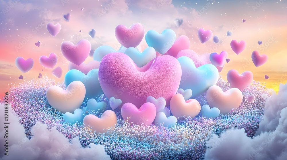 Poster Beautifully arranged colorful LED heart lights creating a glowing romantic display on a soft dark background  The hearts float and glow creating a dreamy
