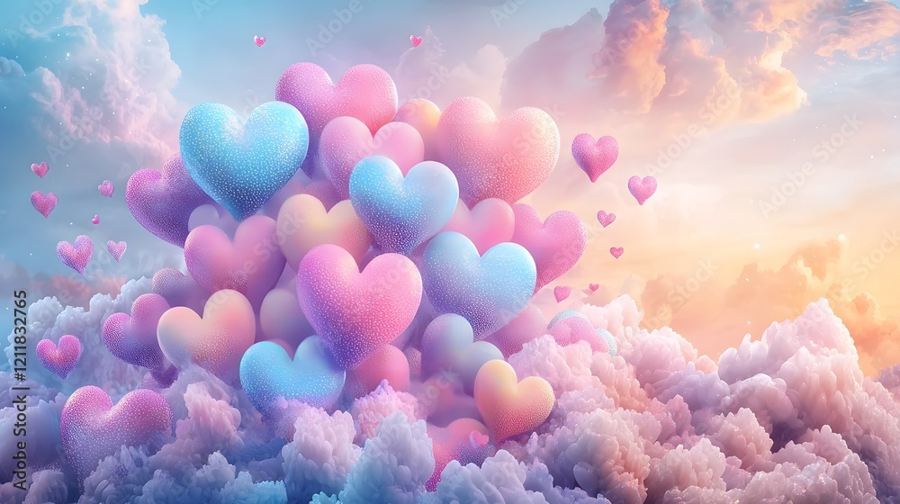 Poster Beautifully arranged array of colorful LED heart shaped lights creating a glowing romantic display on a soft dark background  The scene evokes a sense of fantasy emotion and wonder with its ethereal