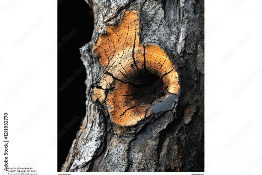 Poster Close view of a weathered tree trunk displaying intricate textures and vivid orange hues