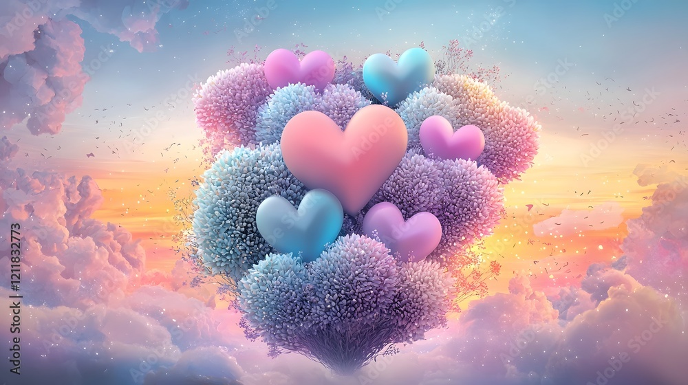 Poster Enchanting display of vibrant LED heart shaped lights in a mesmerizing array of colors surrounded by a warm glowing gradient backdrop that creates a captivating ethereal atmosphere