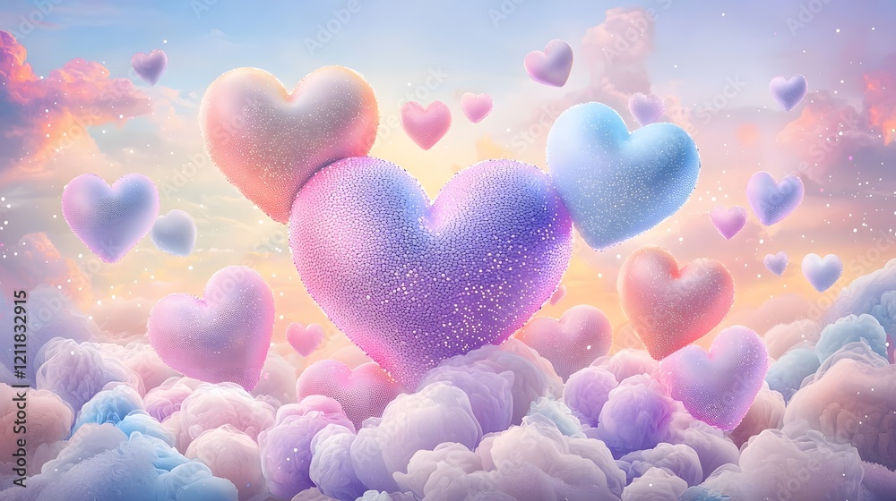 Aufkleber glowing multicolored hearts float amidst a vibrant romantic sky filled with sparkles and contrast cr