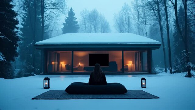 Femme assise sur un coussin d'ext&eacute;rieur devant une maison au milieu de la nature en hiver.