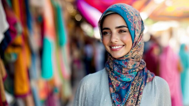 Femme orientale souriante avec un foulard color&eacute; qui marche dans un march&eacute; en ext&eacute;rieur.