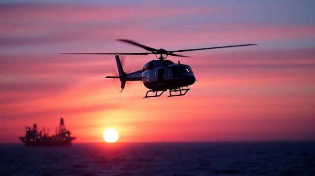 H&eacute;licopt&egrave;re au soleil couchant au-dessus de la mer avec une plateforme p&eacute;troli&egrave;re en arri&egrave;re plan.