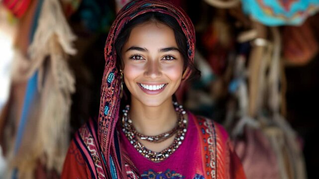 Femme orientale souriante avec des v&ecirc;tements color&eacute;es devant sa boutique