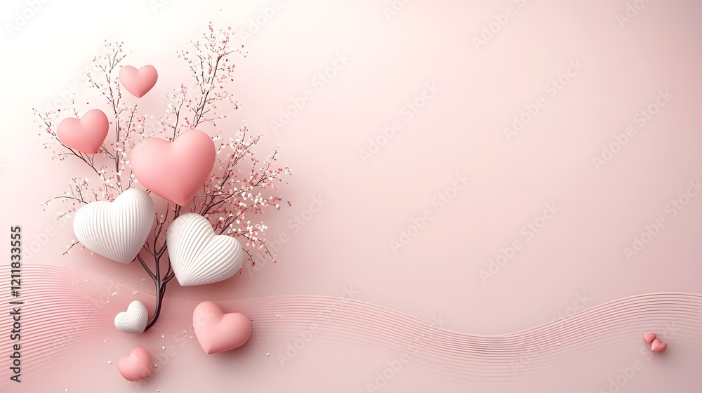 Poster of a tree with heart shaped leaves in shades of pink and red set against a warm gradient background 