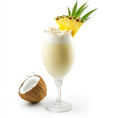 A tropical Pi甯絘 Colada with coconut flakes and pineapple wedge, displayed on an isolated white background, hyper-realism art style