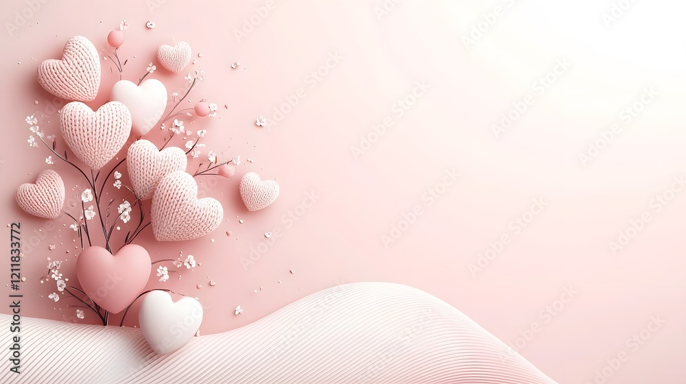 Poster a whimsical tree filled with heart shaped leaves in romantic shades of pink placed against a subtle 