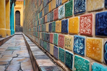 Naklejka premium Colorful tiles line a narrow passageway in a historic district during daylight hours