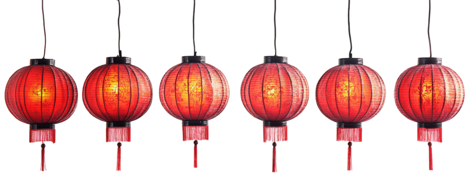 Traditional Chinese red lanterns hanging in row, symbolizing celebration and good fortune. These vibrant decorations are perfect for festivals and events