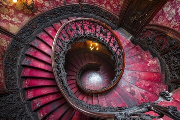 Spiral staircase adorned with intricate ironwork and rich red carpet in historic building