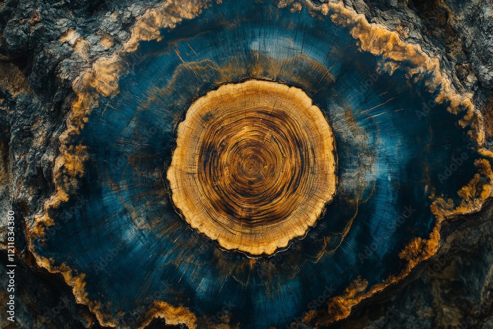 Poster unique cross-section of a blue and gold wooden log showcasing intricate natural patterns and texture