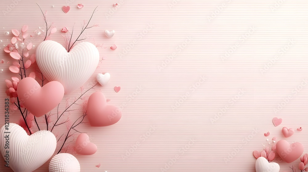 Poster magical tree with vibrant pink and red glowing heart shaped leaves standing on a light textured back